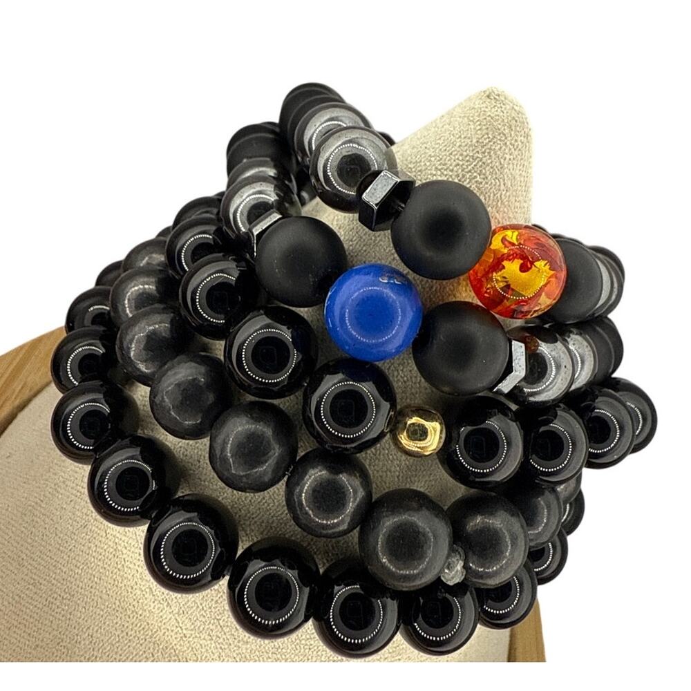 Glass, Shungite, Hematite Five Bracelet Set black, Orange, Blue Stacking Stretch